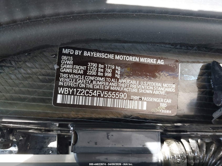 2015 BMW I3 VIN: WBY1Z2C54FV555590 Lot: 44822674