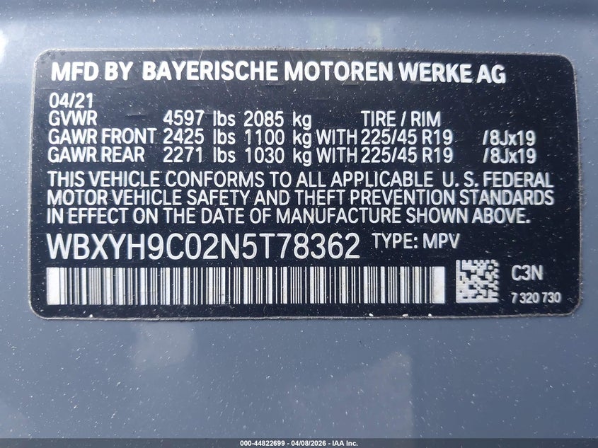 2022 BMW X2 Sdrive28I VIN: WBXYH9C02N5T78362 Lot: 44822699