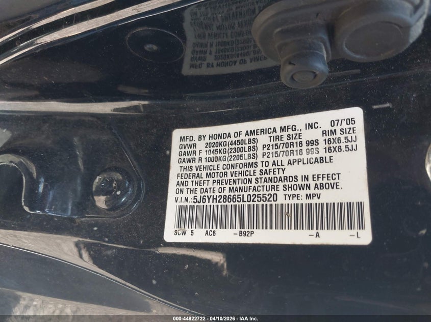 2005 Honda Element Ex VIN: 5J6YH28665L025520 Lot: 44822722