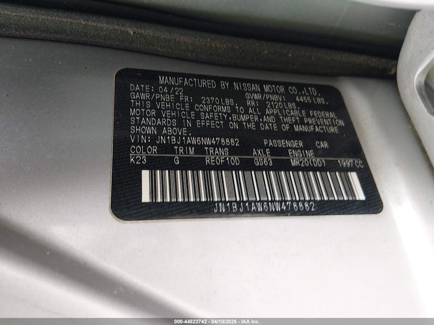 2022 Nissan Rogue Sport S Awd Xtronic Cvt VIN: JN1BJ1AW6NW478882 Lot: 44822742