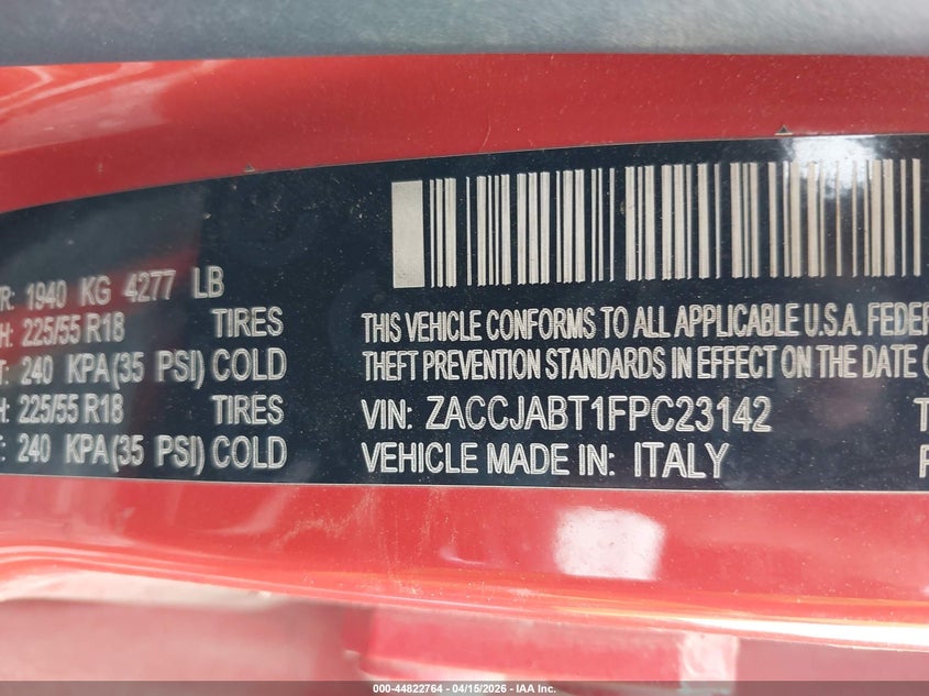 2015 Jeep Renegade Latitude VIN: ZACCJABT1FPC23142 Lot: 44822764