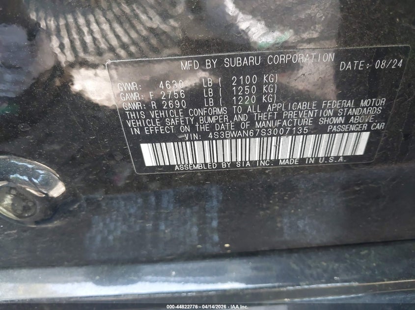 2025 Subaru Legacy Limited VIN: 4S3BWAN67S3007135 Lot: 44822776