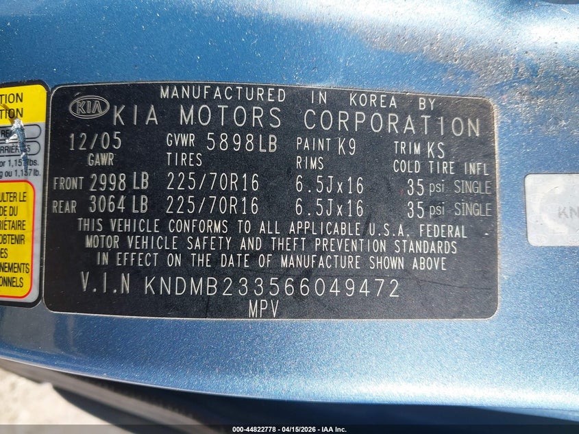 2006 Kia Sedona Ex/Lx VIN: KNDMB233566049472 Lot: 44822778