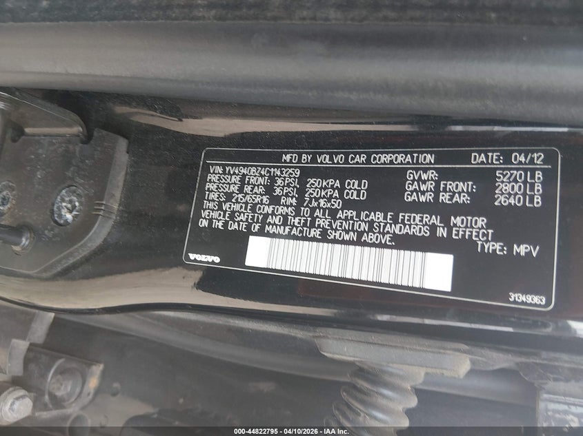 2012 Volvo Xc70 3.2/3.2 Platinum/3.2 Premier/3.2 Premier Plus VIN: YV4940BZ4C1143259 Lot: 44822795