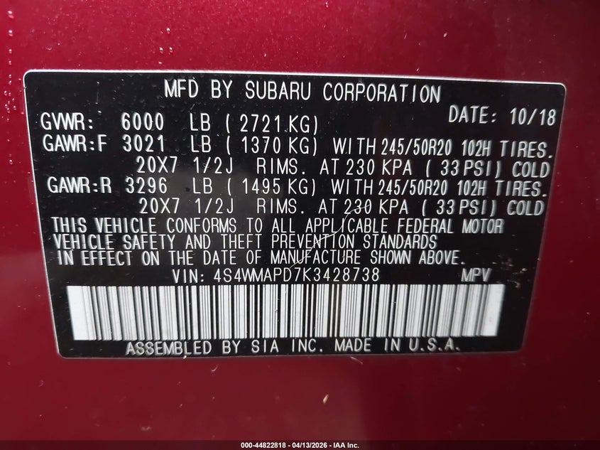 2019 Subaru Ascent Limited VIN: 4S4WMAPD7K3428738 Lot: 44822818