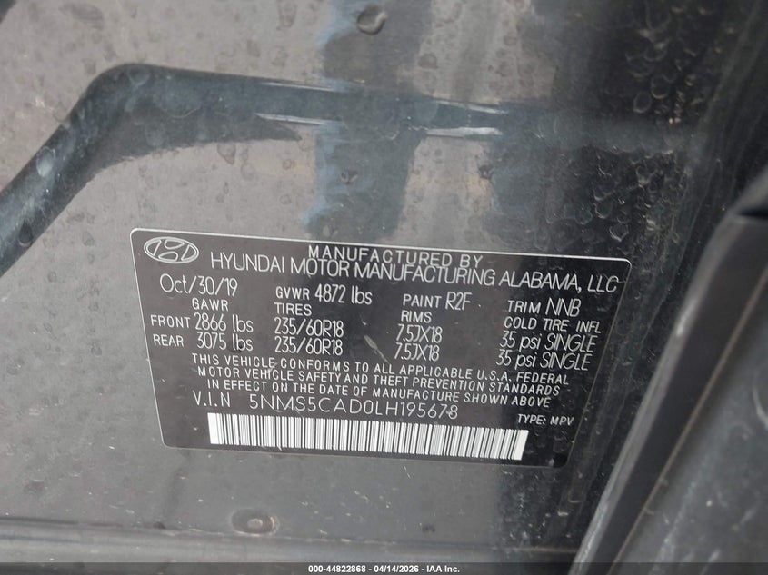 2020 Hyundai Santa Fe Limited VIN: 5NMS5CAD0LH195678 Lot: 44822868