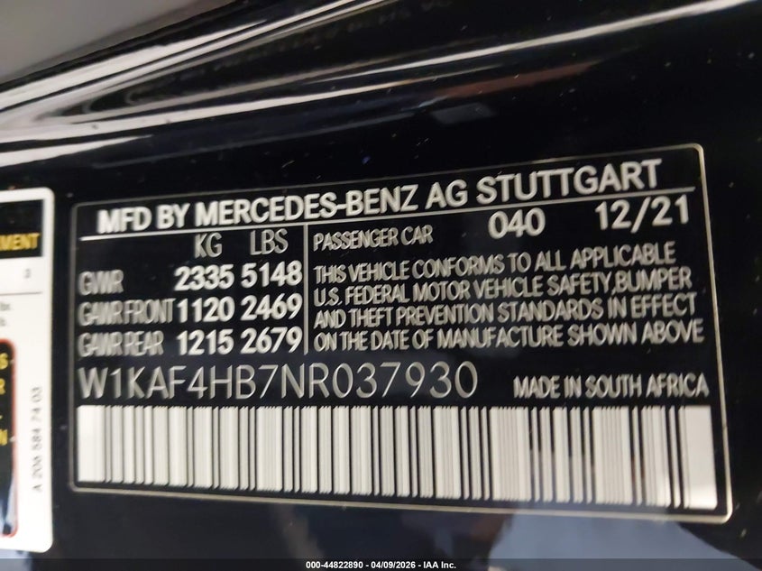 2022 Mercedes-Benz C 300 4Matic VIN: W1KAF4HB7NR037930 Lot: 44822890
