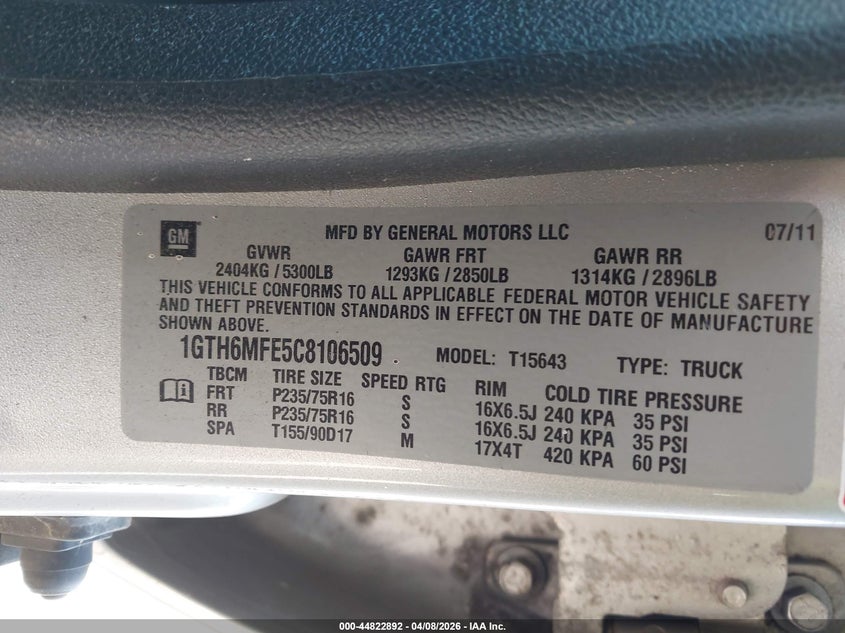 2012 GMC Canyon Sle1 VIN: 1GTH6MFE5C8106509 Lot: 44822892