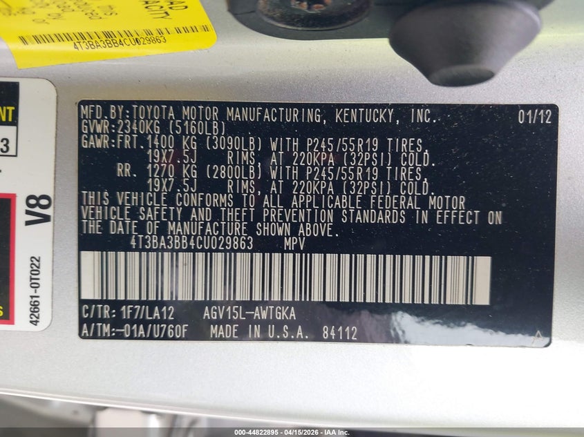 2012 Toyota Venza Xle VIN: 4T3BA3BB4CU029863 Lot: 44822895