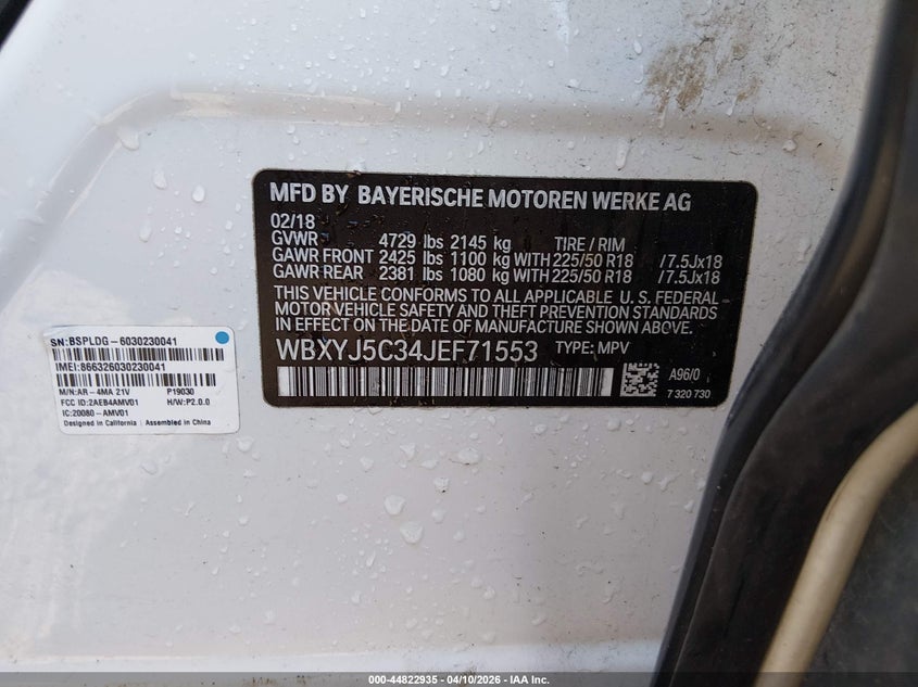 2018 BMW X2 xDrive28I VIN: WBXYJ5C34JEF71553 Lot: 44822935