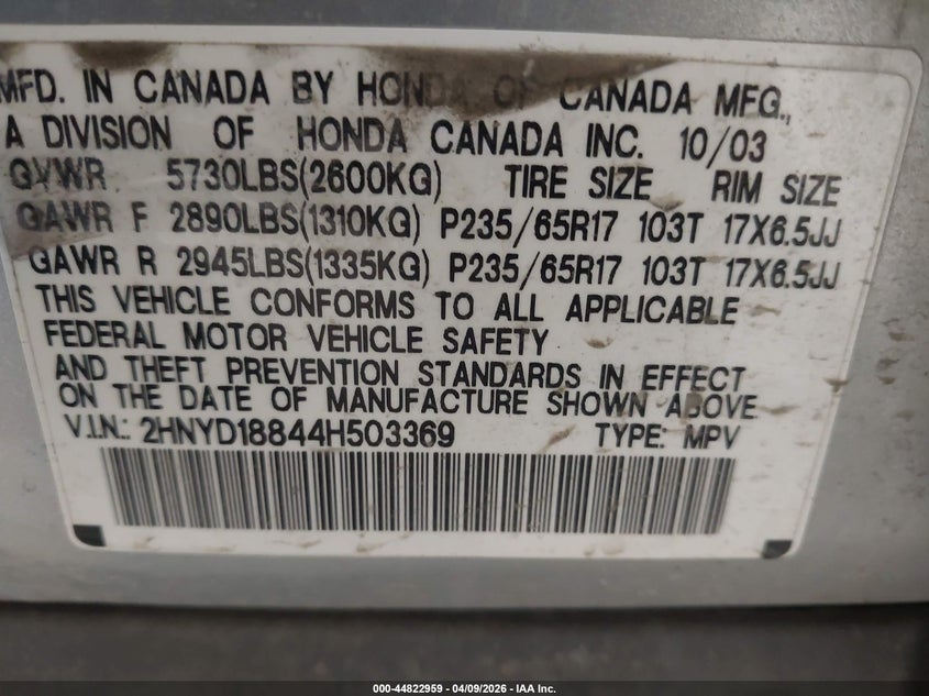2004 Acura Mdx VIN: 2HNYD18844H503369 Lot: 44822959
