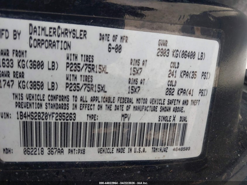 2000 Dodge Durango VIN: 1B4HS28Z0YF295263 Lot: 44822964