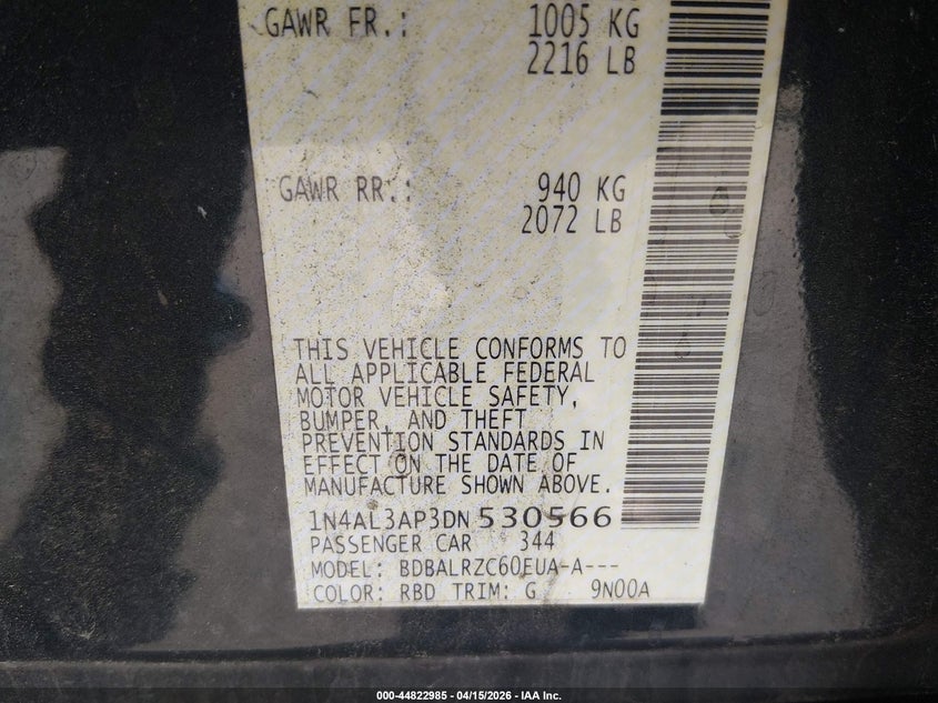 2013 Nissan Altima 2.5 S VIN: 1N4AL3AP3DN530566 Lot: 44822985