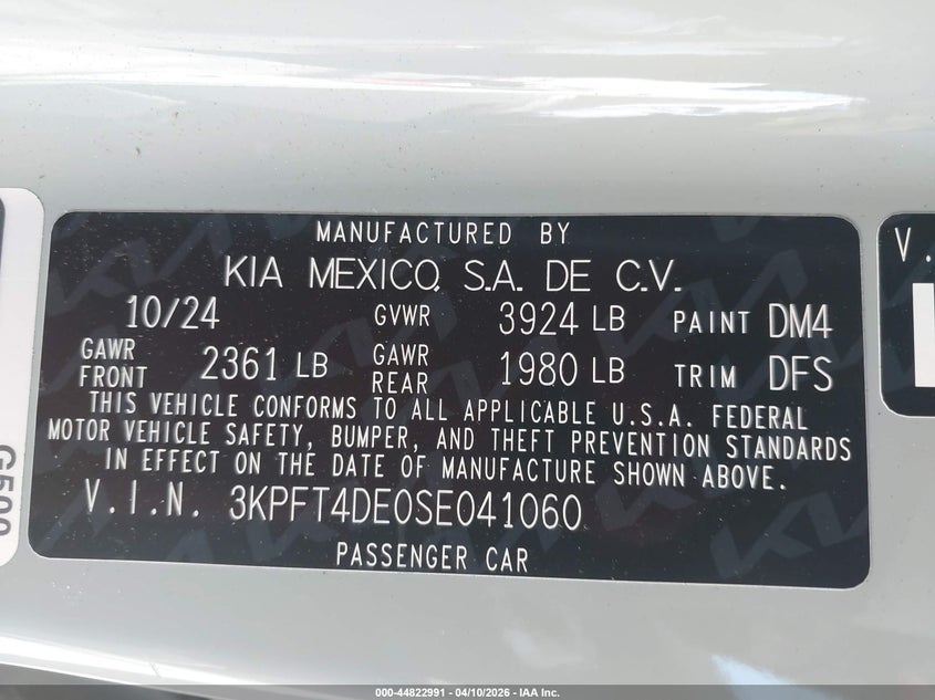 2025 Kia K4 2.0 Lxs grey Lot 111044822991 Vin 3KPFT4DE0SE041060