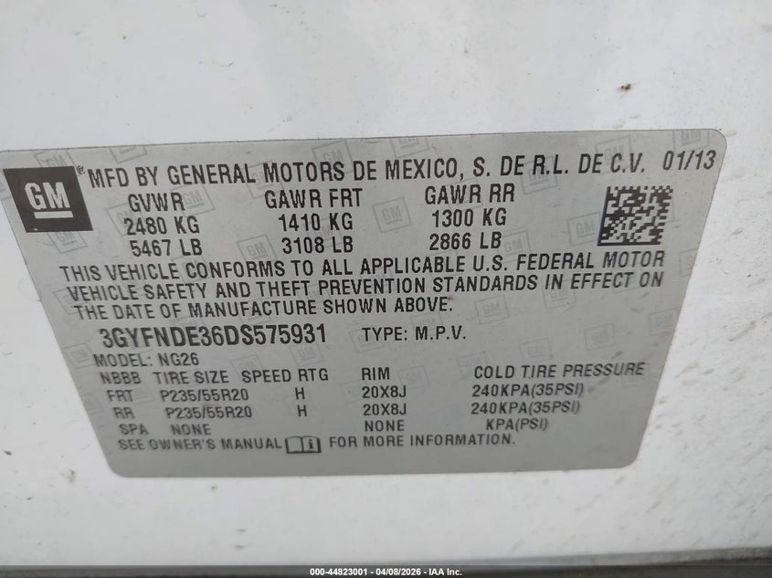 2013 Cadillac Srx 3.6 Srx Performance Collection white Lot 111044823001 Vin 3GYFNDE36DS575931
