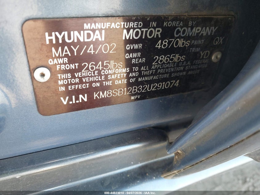 2002 Hyundai Santa Fe VIN: KM8SB12B32U291074 Lot: 44823010