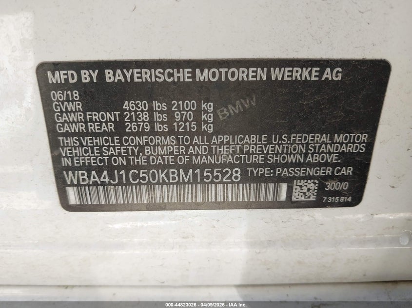2019 BMW 430I Gran Coupe VIN: WBA4J1C50KBM15528 Lot: 44823026