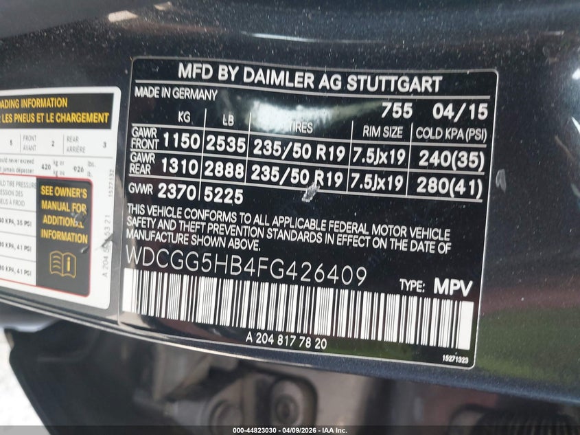 2015 Mercedes-Benz Glk 350 VIN: WDCGG5HB4FG426409 Lot: 44823030