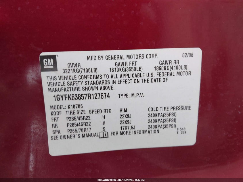 2007 Cadillac Escalade Standard VIN: 1GYFK63857R127674 Lot: 44823036