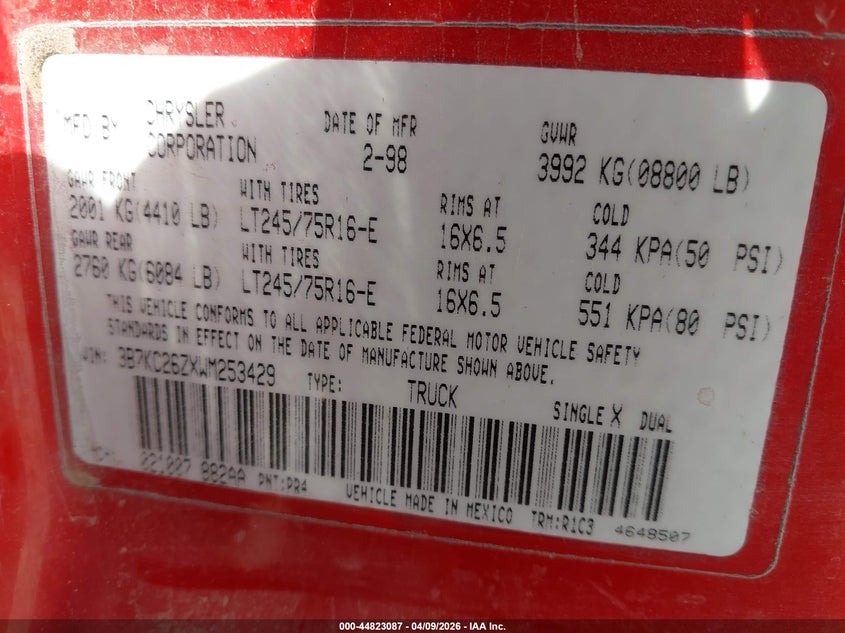 1998 Dodge Ram 2500 St VIN: 3B7KC26ZXWM253429 Lot: 44823087