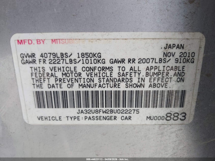 2011 Mitsubishi Lancer Gts VIN: JA32U8FW2BU022275 Lot: 44823113