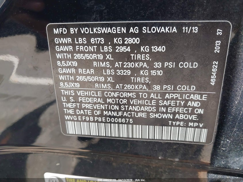 2014 Volkswagen Touareg 3.6L Lux VIN: WVGEF9BP8ED006675 Lot: 44823119