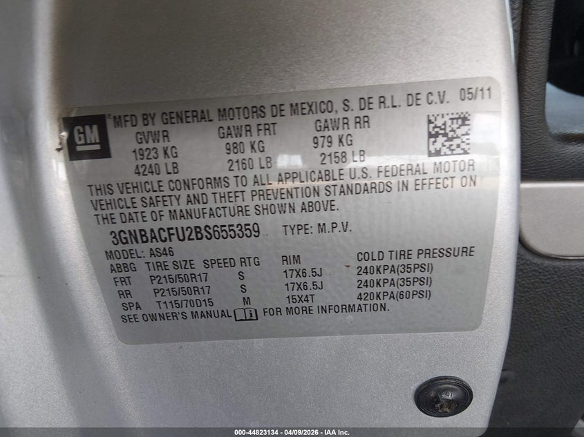 2011 Chevrolet Hhr Lt VIN: 3GNBACFU2BS655359 Lot: 44823134