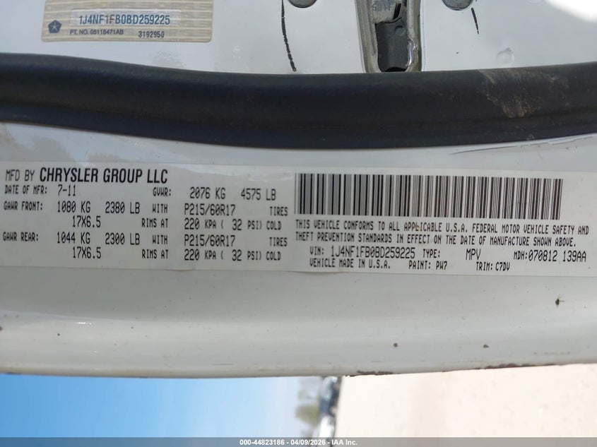 2011 Jeep Compass VIN: 1J4NF1FB0BD259225 Lot: 44823186