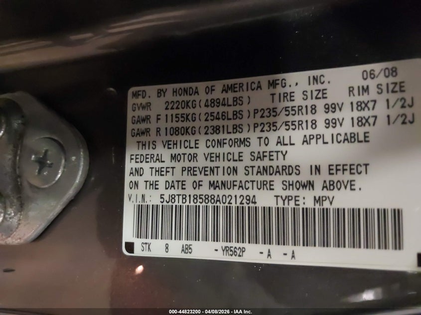 2008 Acura Rdx VIN: 5J8TB18588A021294 Lot: 44823200