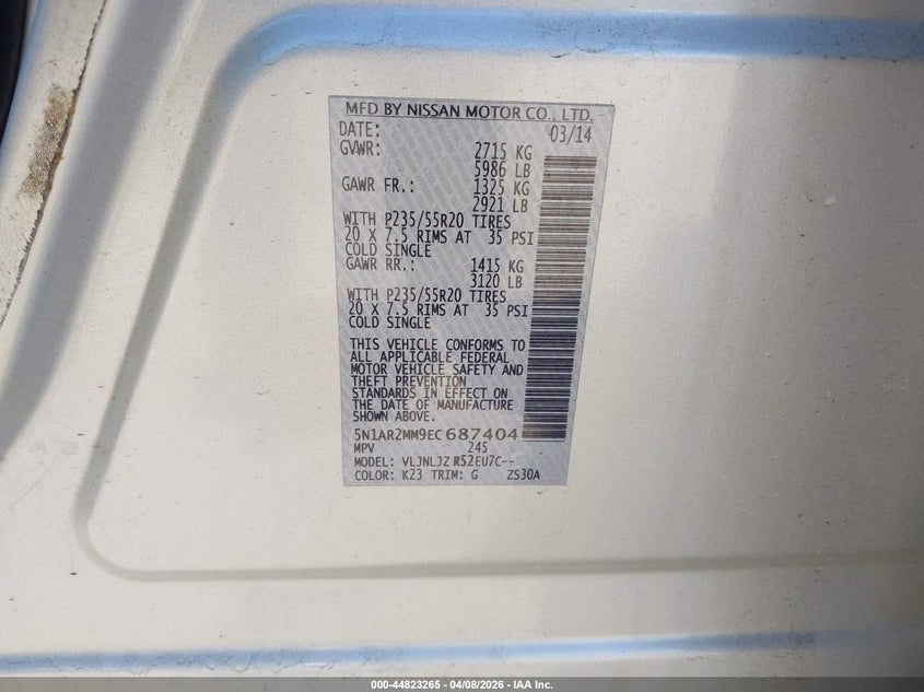 2014 Nissan Pathfinder 3.5 Platinum silver Lot 111044823265 Vin 5N1AR2MM9EC687404