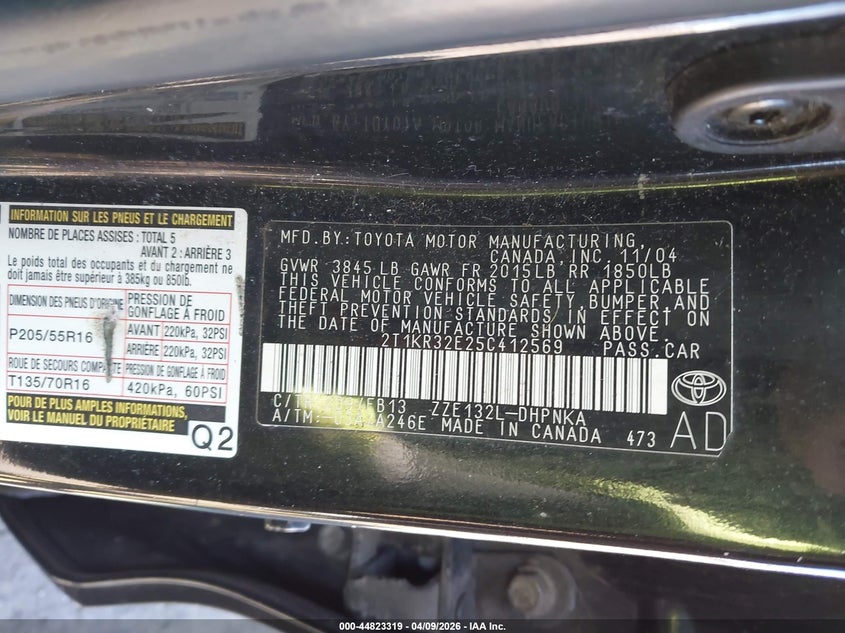 2005 Toyota Matrix Xr VIN: 2T1KR32E25C412569 Lot: 44823319