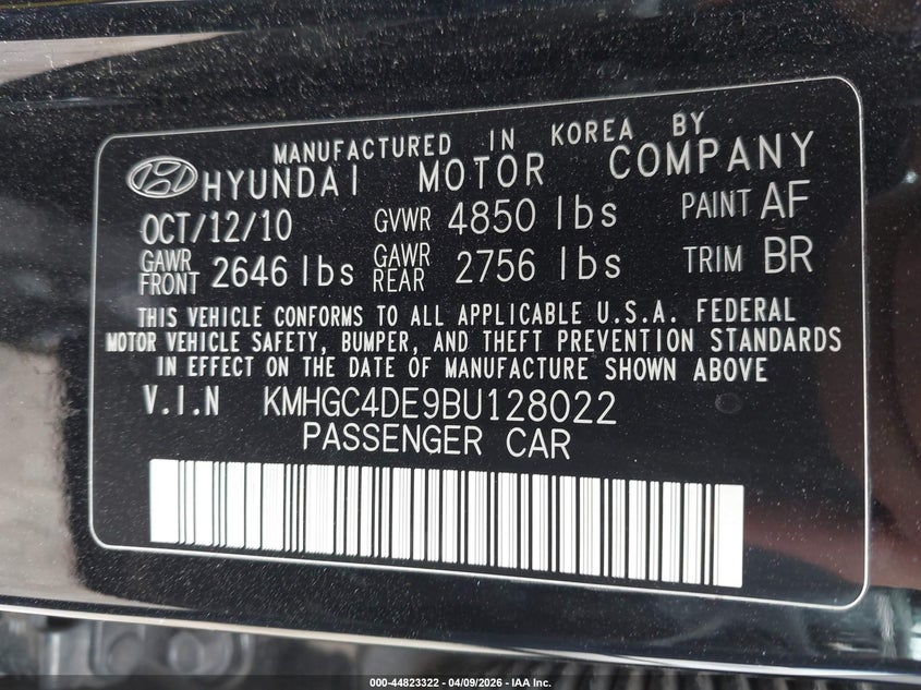 2011 Hyundai Genesis 3.8 VIN: KMHGC4DE9BU128022 Lot: 44823322