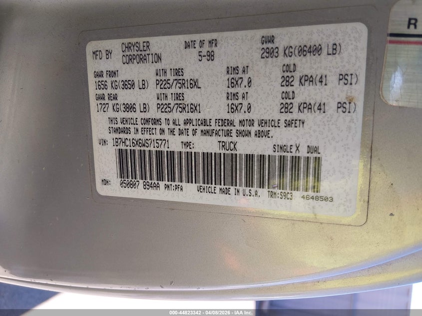 1998 Dodge Ram 1500 St/Ws VIN: 1B7HC16X6WS715771 Lot: 44823342
