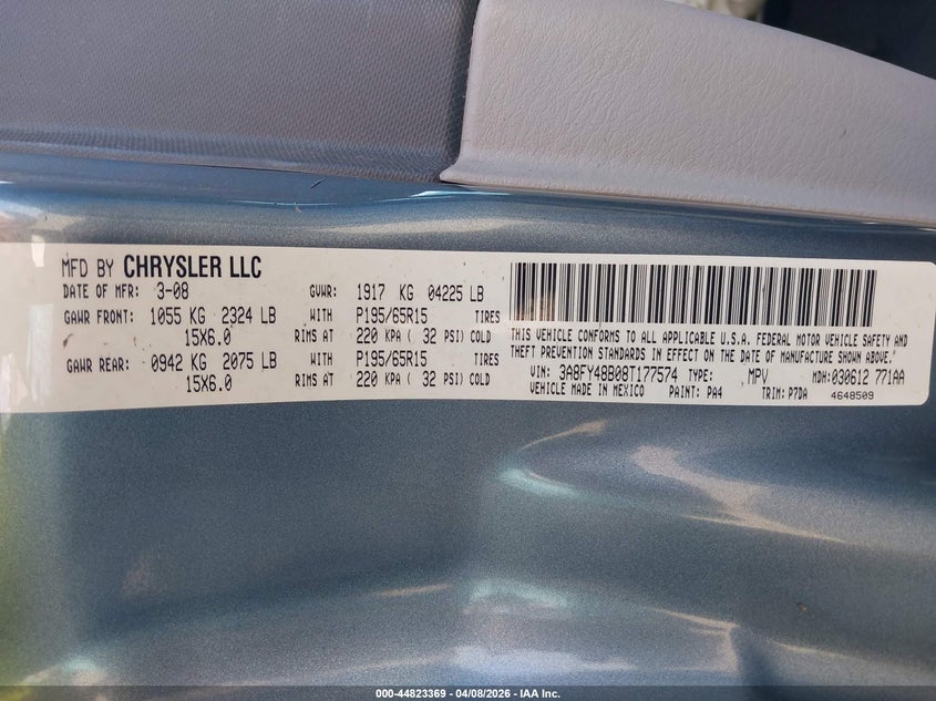 2008 Chrysler Pt Cruiser Lx VIN: 3A8FY48B08T177574 Lot: 44823369