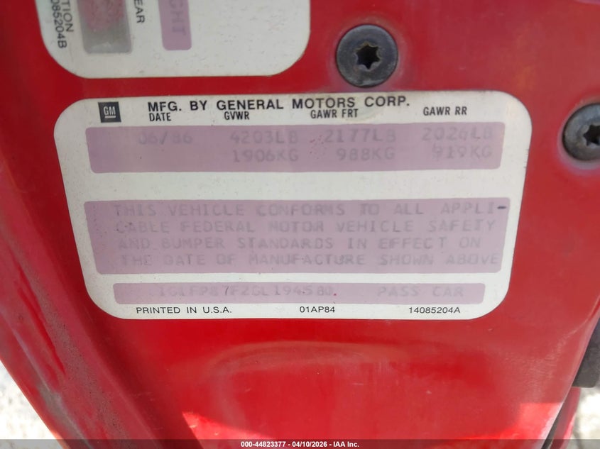 1986 Chevrolet Camaro VIN: 1G1FP87F2GL194580 Lot: 44823377