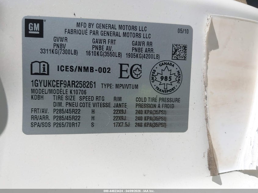 2010 Cadillac Escalade Premium VIN: 1GYUKCEF9AR258261 Lot: 44823424