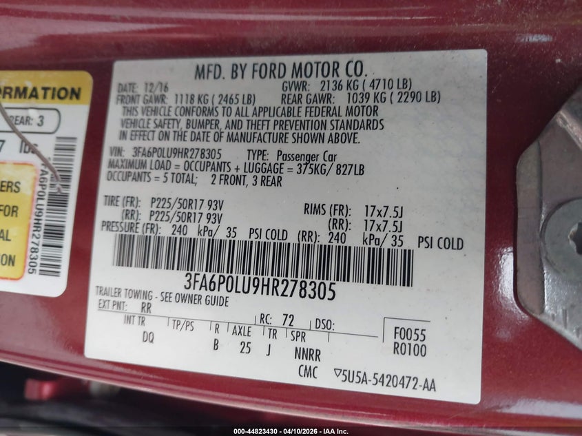 2017 Ford Fusion 2.0 Hybrid Se red Lot 111044823430 Vin 3FA6P0LU9HR278305