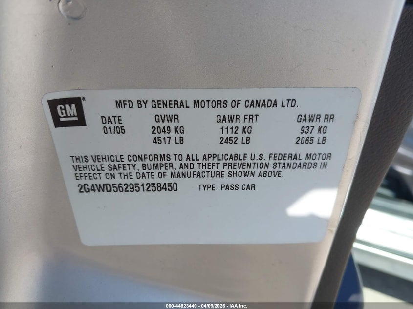 2005 Buick Lacrosse Cxl VIN: 2G4WD562951258450 Lot: 44823440