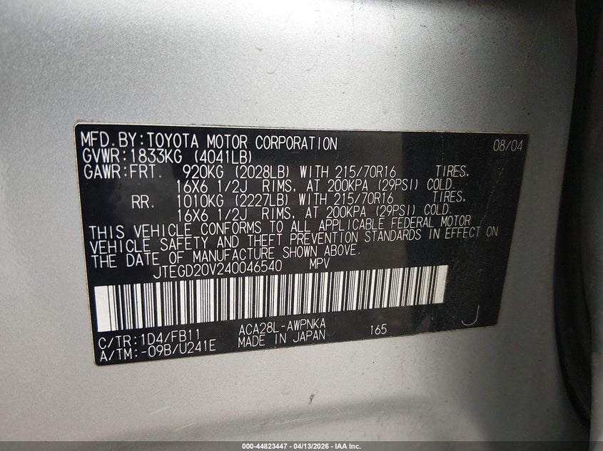 2004 Toyota Rav4 VIN: JTEGD20V240046540 Lot: 44823447