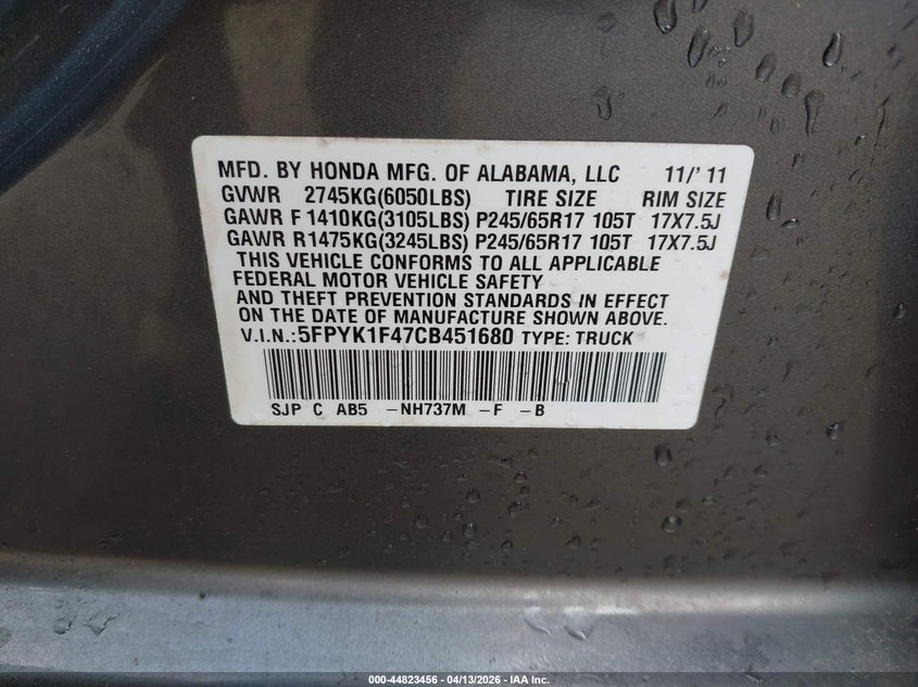 2012 Honda Ridgeline Rts VIN: 5FPYK1F47CB451680 Lot: 44823456