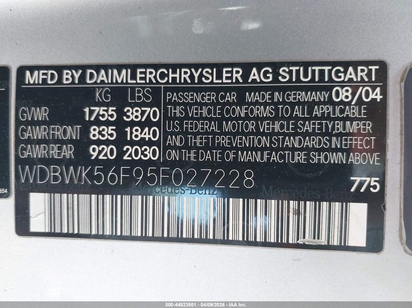 2005 Mercedes-Benz Slk 350 VIN: WDBWK56F95F027228 Lot: 44823501