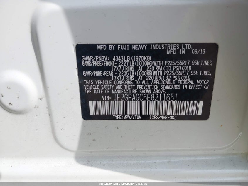 2014 Subaru Xv Crosstrek 2.0I Limited VIN: JF2GPAGC6E8211651 Lot: 44823504