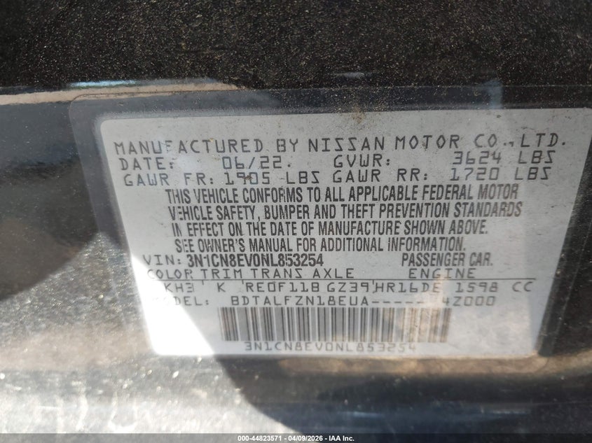 2022 Nissan Versa 1.6 Sv Xtronic Cvt VIN: 3N1CN8EV0NL853254 Lot: 44823571