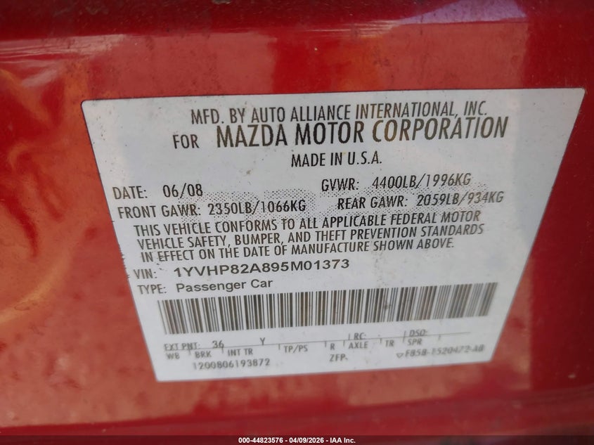 2009 Mazda Mazda6 I Grand Touring VIN: 1YVHP82A895M01373 Lot: 44823576