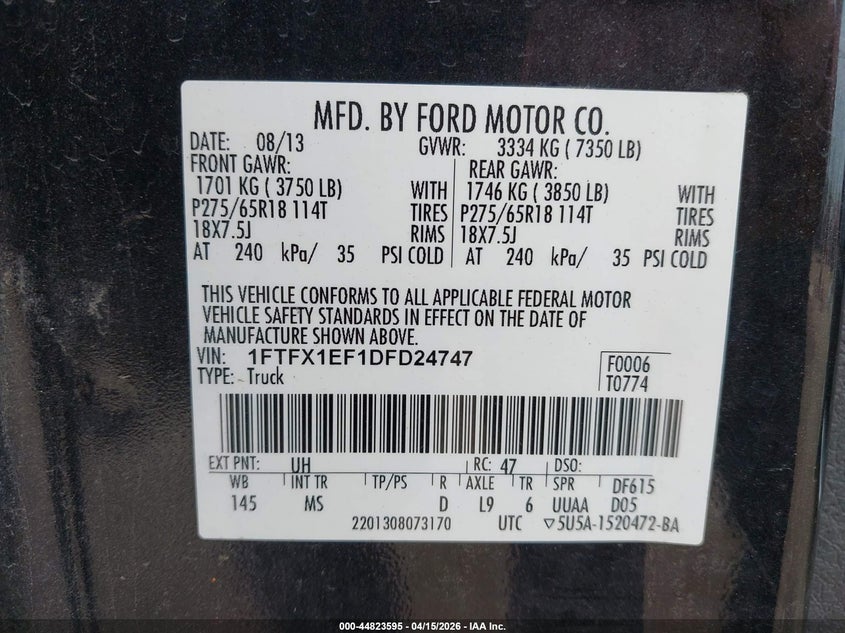 2013 Ford F-150 Xlt VIN: 1FTFX1EF1DFD24747 Lot: 44823595