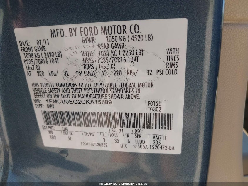 2012 Ford Escape 3.0 Limited blue Lot 111044823656 Vin 1FMCU0EG2CKA15689