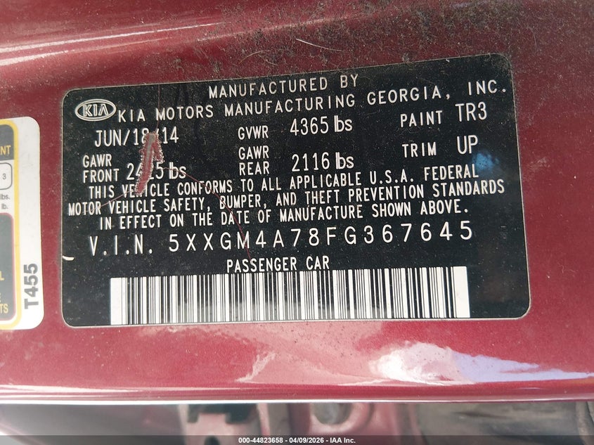 2015 Kia Optima 2.4 Lx red Lot 111044823658 Vin 5XXGM4A78FG367645