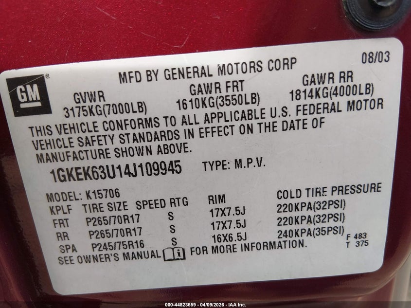 2004 GMC Yukon Denali VIN: 1GKEK63U14J109945 Lot: 44823659
