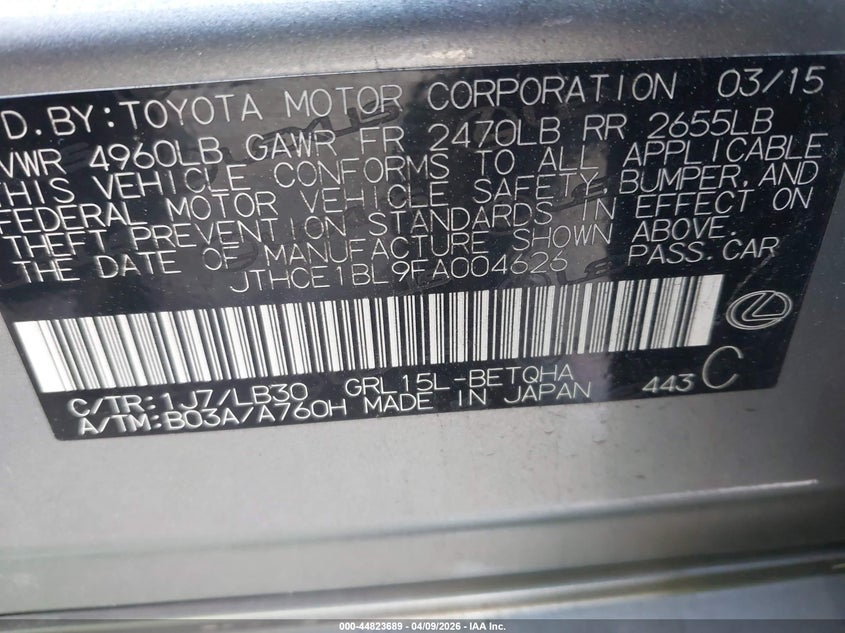 2015 Lexus Gs 350 VIN: JTHCE1BL9FA004626 Lot: 44823689