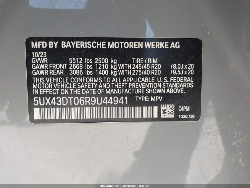 2024 BMW X4 M40I VIN: 5UX43DT06R9U44941 Lot: 44823722